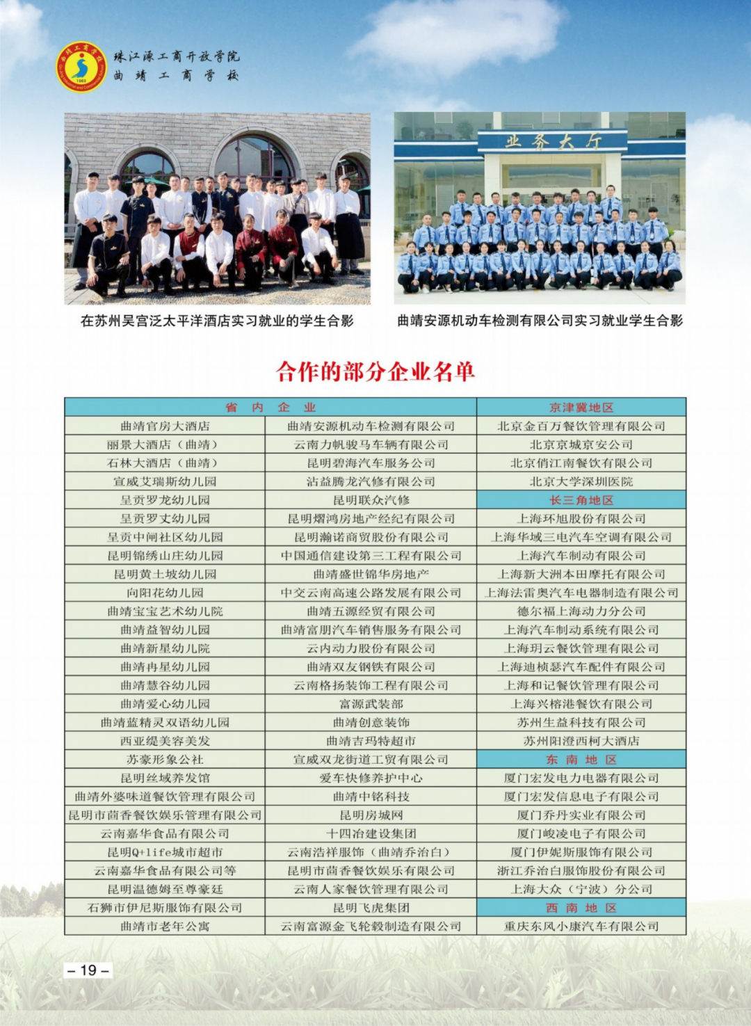 2024年曲靖大專學(xué)?？梢詫Ｉ締幔? /></center></p>
<p>
	(一)圓大學(xué)夢<br />
	學(xué)校為就讀學(xué)生提供廣闊的個人成長和發(fā)展空間，輔導(dǎo)愿意繼續(xù)深造、提升學(xué)歷的學(xué)生圓大學(xué)夢。</p>
<p>
	1.參加“三校生”高考<br />
	“三校生”高考是指按照國家有關(guān)規(guī)定，高等院校招收中專、職高、技工學(xué)校學(xué)生(簡稱“三校生”)的考試,屬國家計劃招生的全日制普通高等教育。我校自2009年舉辦“三校生”升學(xué)輔導(dǎo)班以來，歷年升學(xué)率均為*。</p>
<p>
	2.就讀“五年制”大專<br />
	為培養(yǎng)大專學(xué)歷層次的應(yīng)用型技能人才，曲靖工商學(xué)校與云南農(nóng)業(yè)職業(yè)技術(shù)學(xué)院、云南國防工業(yè)職業(yè)技術(shù)學(xué)院、云南輕紡職業(yè)學(xué)院、云南司法警官職業(yè)學(xué)院、云南能源職業(yè)技術(shù)學(xué)院、曲靖職業(yè)技術(shù)學(xué)院六所學(xué)院本著服務(wù)社會、優(yōu)勢互補、共同發(fā)展的原則，強強聯(lián)手，推行特色專業(yè)“訂單”培養(yǎng)。聯(lián)合開展“五年一貫制” 大專學(xué)歷教育。學(xué)生前三年在我校完成基礎(chǔ)學(xué)習(xí)，后兩年轉(zhuǎn)人學(xué)院完成專科學(xué)習(xí)，期間不需要參加任何升學(xué)考試，五年學(xué)業(yè)完成后，成績合格,頒發(fā)普通高校統(tǒng)招大專畢業(yè)證書。</p>
<p>
	3.就讀“中高銜接”大專</p>
<p>
	我校經(jīng)云南省教育廳批準(zhǔn)，成立了珠江源工商開放學(xué)院，舉辦“中高銜接”大專學(xué)歷教育。報讀我校的學(xué)生人學(xué)后即可同時取得中專和大專學(xué)籍。在就讀中專的同時修讀大專課程，學(xué)習(xí)滿3年后取得中專文憑，第4年即可獲得大專文憑。人學(xué)門檻低，免試注冊入學(xué)，學(xué)習(xí)時間短，學(xué)習(xí)效率高，學(xué)費低，按學(xué)期收取大專學(xué)費,就讀期間還可以享受中專在校學(xué)生的全部待遇(包括免交學(xué)費，享受助學(xué)金和獎學(xué)金等)。畢業(yè)后獲得國家承認的大專畢業(yè)證書(教育部網(wǎng)上電子注冊)。<br />
	4.就讀成人大專、本科<br />
	就讀我校的學(xué)生在中專畢業(yè)后可報讀我校成人大專班，大專畢業(yè)后可繼續(xù)報讀本科，- -邊就業(yè)、- -邊讀書，工作、學(xué)習(xí)兩不誤。</p>
<p>
	 </p>
<p>
	(二)就業(yè)保障<br />
	學(xué)校全面實施校企合作、訂單培養(yǎng)。中專學(xué)制采用“2+1 模式”，“中高銜接” 大專學(xué)制采用“3+1”模式，學(xué)生前2年或前3年在校完成理論學(xué)習(xí)和實踐操作，較后1年學(xué)校負責(zé)安.排到企業(yè)頂崗實習(xí)。凡到校就讀的學(xué)生即與學(xué)校簽訂就業(yè)推薦協(xié)議，學(xué)校專門設(shè)立實習(xí)就業(yè)服務(wù)中心，負責(zé)學(xué)生的實習(xí)就業(yè)安排，安排專人負責(zé)學(xué)生的實習(xí)就業(yè)工作，并實行長期就業(yè)跟蹤服務(wù)，因單位或?qū)W生原因?qū)е率I(yè)或?qū)ぷ鲉挝徊粷M意的，學(xué)校負責(zé)再次免費推薦就業(yè)，省內(nèi)實習(xí)、就業(yè)學(xué)生月收入在2000元以上，省外實習(xí)、就業(yè)學(xué)生月收入在3500元以上。<br />
	學(xué)校承諾:實習(xí)就業(yè)三不合作，即工作環(huán)境差的企業(yè)不合作，工資待遇低的企業(yè)不合作,管理不規(guī)范的企業(yè)不合作。</p>
<p>
	合作辦學(xué)的企業(yè)</p>
<p>
	<img alt=
